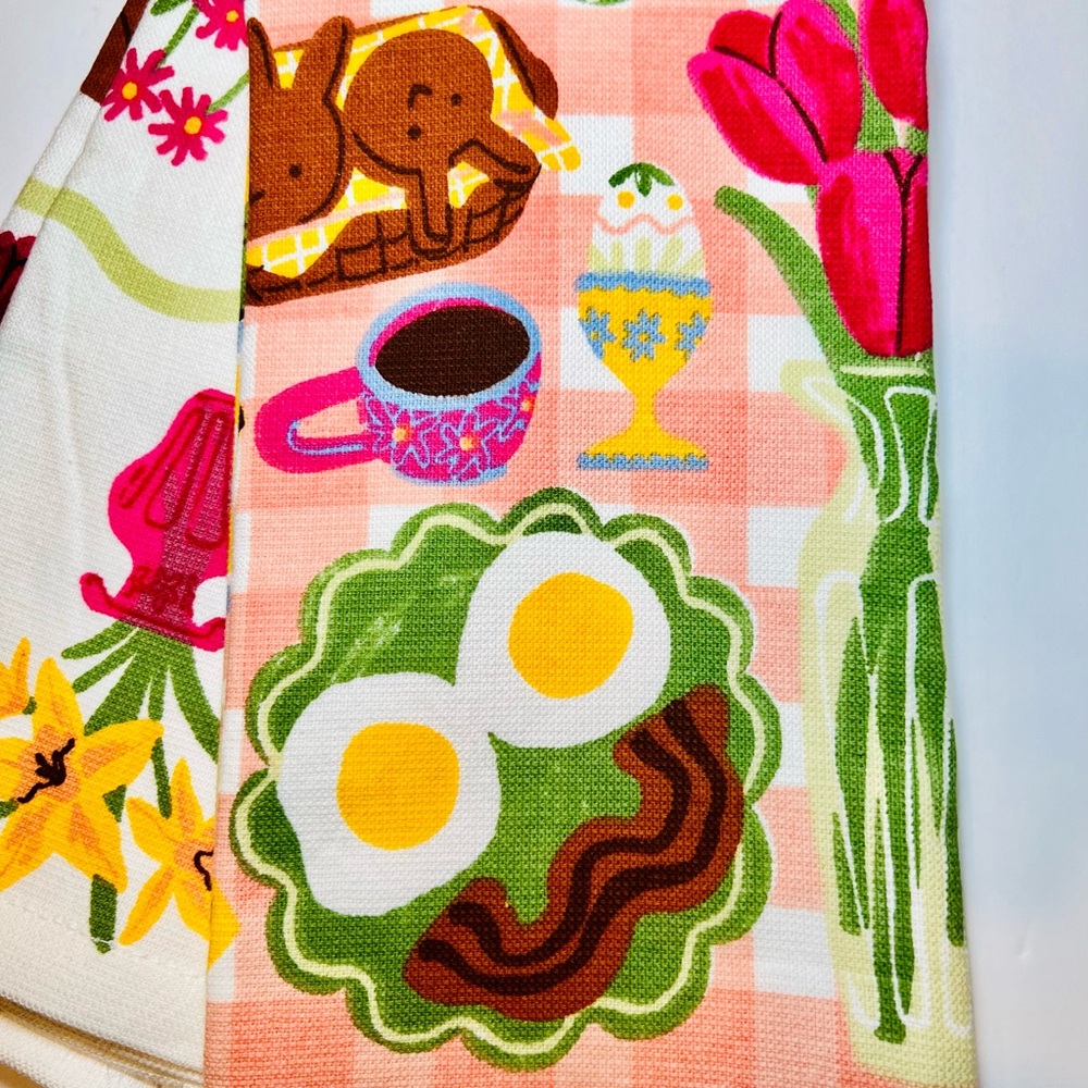 2 Easter Brunch Kitchen Towels Spring Breakfast Bunny Waffles Eggs Bacon Coffee